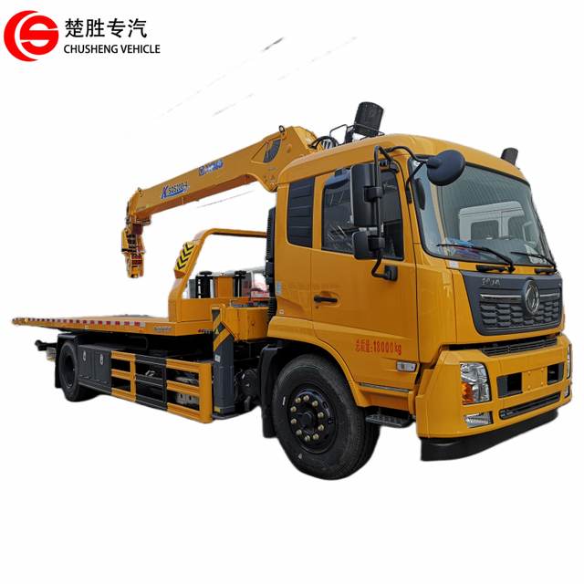 Camión de remolque de plataforma plana con retroceso Dongfeng de 8 toneladas con grúa
